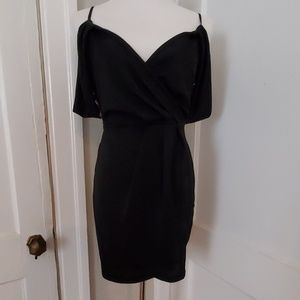 Black off the shoulder faux wrap dress